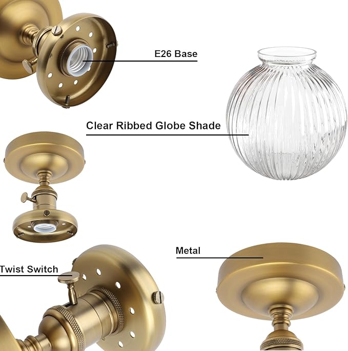 Yosoan 1-Light Indoor On Off Switch Hallway Ceiling Light, Modern Single Vintage Industrial Semi Flush Mounted with Retro Striped Round Shade for Kitchen Entry Bathroom Bedroom(Matte Antique)