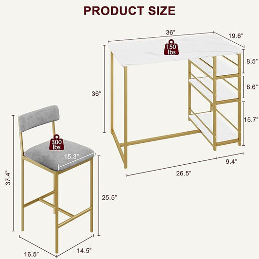GAOMON Dining Table Set for 2, Counter Height Kitchen Table and Chairs, Bar Table Set with 2 Upholstered Bar Stools, 3 Piece Dining Room Table Set for Small Space, Apartment, Gold