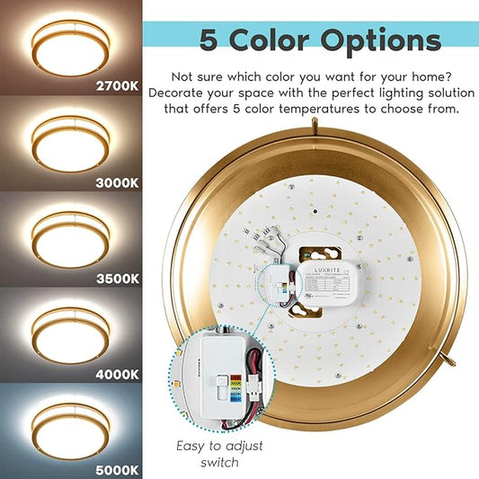 LUXRITE 16 Inch LED Flush Mount Ceiling Light, 5 Color Selectable 2700K | 3000K | 3500K | 4000K | 5000K, Dimmable Ceiling Light Fixture, 24W, 1920 Lumens, Energy Star, ETL Listed, Brushed Brass
