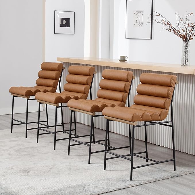 Brown Pu Leather Bar stools Set of 6, 25” Modern Upholstered Counter stools with Black Metal Legs, Armless Counter Height Chairs with Channel Tufted Back for Kitchen Island Home Pub