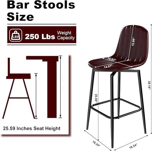 Montary Modern Stylish Swivel Bar Stools - Durable Metal Legs, PU Padded Seats with Back Support, for Kitchen Island, Home Bar, Dark Brown (Set of 2)