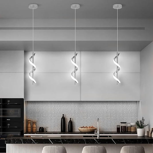 CANEOE 3 Packs Modern Spiral Led Pendant Light Fixture, Cold White 5500K Kitchen Island Pendant Lamp, Adjustable Hanging Light Fixture for Bedroom Living Room Kitchen Sink (Chrome)