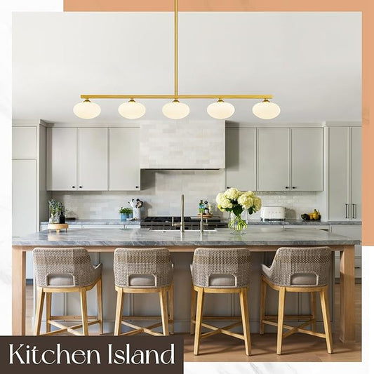 Gold Linear Chandelier, 5-Lights Kitchen Island Light, Dining Room Light Fixture Over Table, Mid Century Globe Chandelier