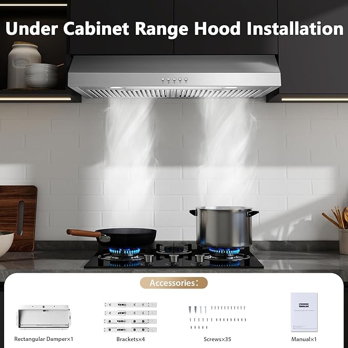 Under Cabinet Range Hood 30 inch, Stainless Steel Kitchen Hood 800CFM, Stove Hood with Push Button Control, Baffle Filters, Ducted/Ductless Convertible Duct