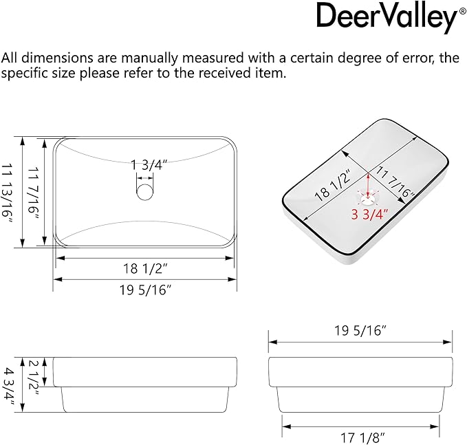 DeerValley Vessel Sink Rectangular, 18.9"x11.61" White Semi Recessed Bathroom Sink with Black Rim Ceramic Porcelain Rectangle Bathroom Vessel Sink Above Counter Vanity Sink Basin DV-1V0235
