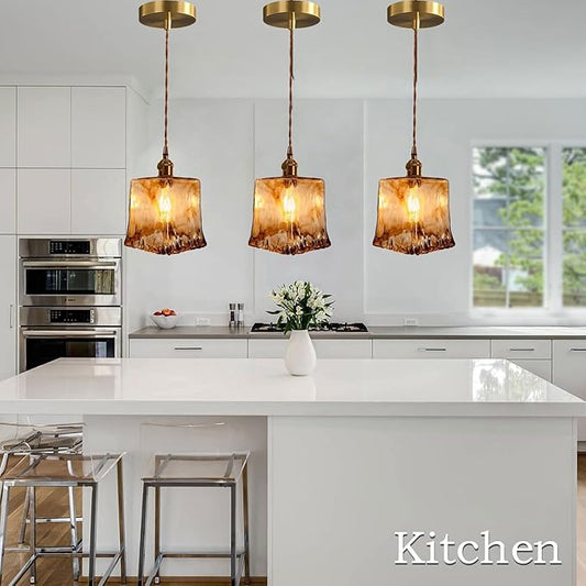 Vintage Amber Glass Pendant Light, Mid Century Square Brushed Brass Hanging Pendant Chandelier, E26/E27 Adjustable Height Farmhouse Pendant Lamp Fixture for Kitchen Island Living Room Dinning Room