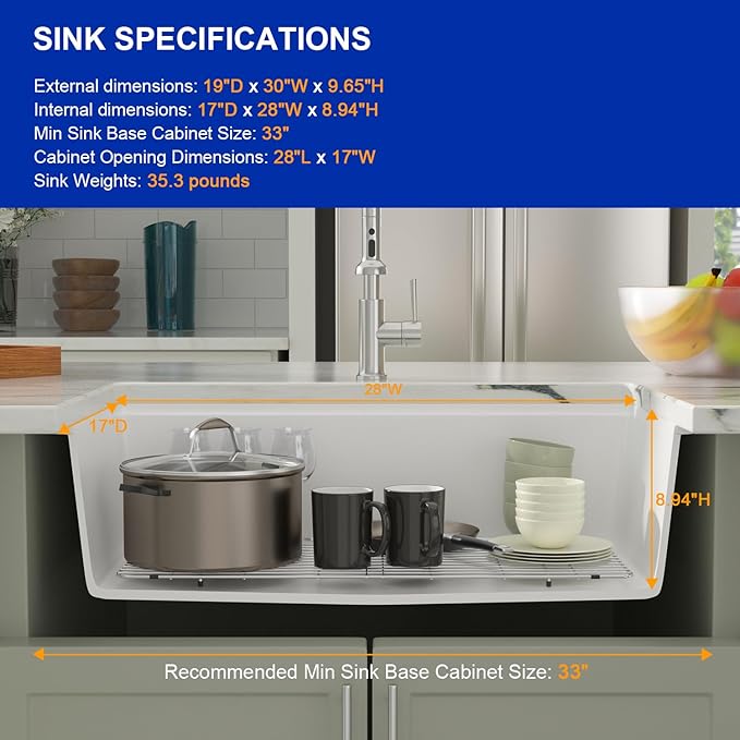 Dcolora 30 In. White Granite Composite Undermount Kitchen Sink Single Bowl Workstation, Quartz Kitchen Sink 30" x 19" x 9.65" #DC-GU5521