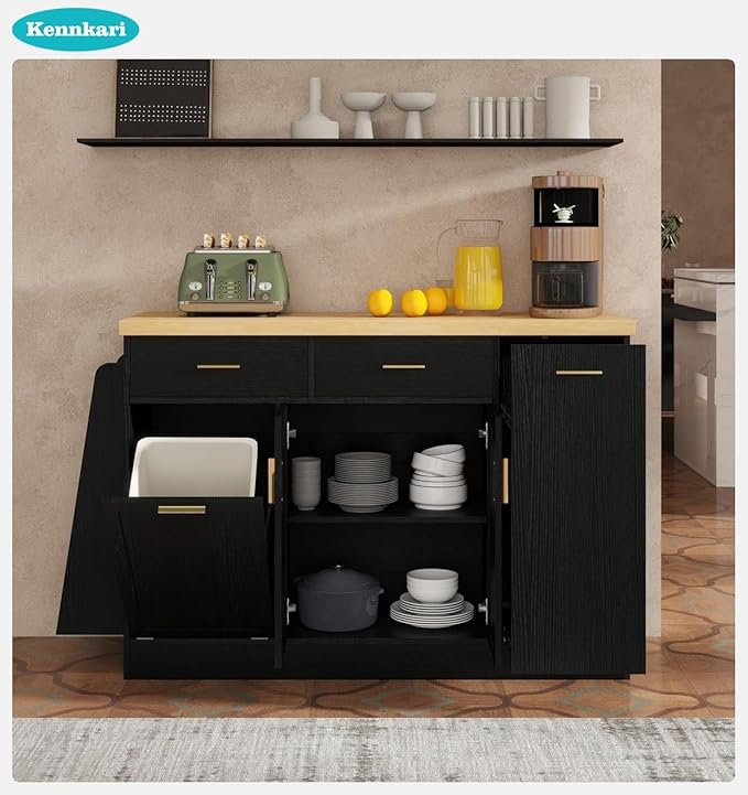 58'' Multi-Functional Storage Sideboard with Trash Can Storage and Adjustable Shelves, Console Table with Sliding Door Cabinet, Kitchen Island with 3-Tier Spice Rack for Dining Room (Black)
