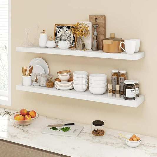 Acovy 48 Inch Floating Shelves, 9.3" Deep Floating Shelf Wall Mounted, 48" Wall Shelves, Rustic Deep Bookshelf, Large Display Shelves & Storage Shelves for Bedroom, Living Room, White, Set of 1