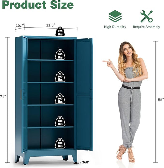 Bevivog 71" Tall Storage Cabinets, Farmhouse Metal Cabinet Bookshelf with 2 Doors and 4 Adjustable Shelves, Blue Kitchen Pantry Cabinets for Kitchen Living Room, Home Office, Laundry, Bathroom