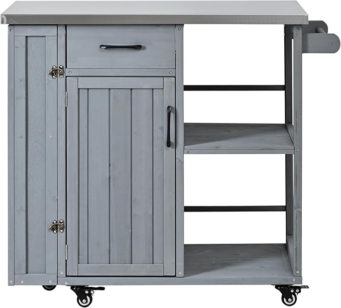MERITLINE Outdoor Kitchen Island with Stainless Steel Top, Lockable Wheels & Towel Rack, Mobile BBQ Prep Cart with Hidden Cabinet, Drawer, Shelves for Patio, Garden, Backyard, Grey