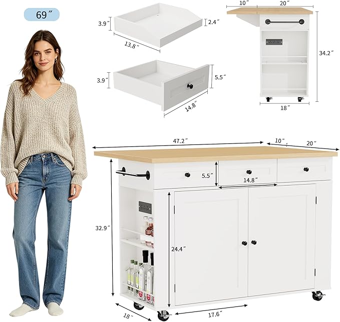 IDEALHOUSE Rolling Kitchen Island with Drop Leaf Countertop, Charging Station & Ample Storage - 47.2" Mobile Kitchen Cart On Wheels with Pull-Out Shelves, Drawers, Spice Rack & Organizer Divider