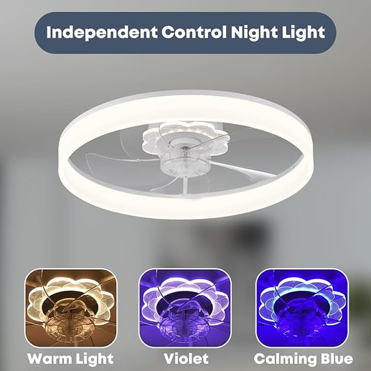 Fszdorj 20'' Ceiling Fan with Light, Upgraded Low Profile Fan, Flush Mount Ceiling Fan, 6 Speeds, Dimmable LED, App & Remote Control, Quiet DC Motor, for Bedroom, Living Room, F116 White