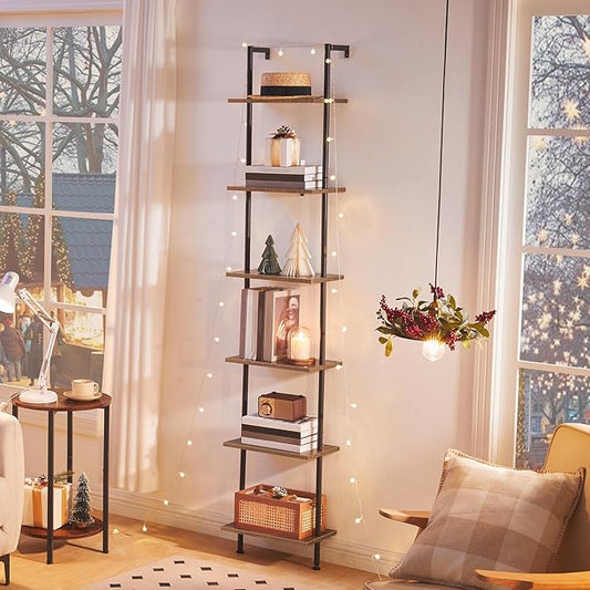 HOOBRO DIY Ladder Shelf, 6-Tier Wooden Wall Mounted Bookshelf, Narrow Bookcase, Display Shelf, Storage Rack, Plant Stand, for Living Room, Bedroom, Study, Balcony, Rustic Brown and Black BF651CJ01