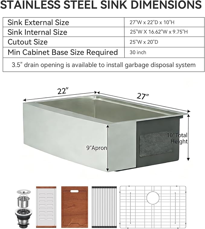 Lordear Farmhouse Sink 27 Inch Stainless Steel Farmhouse Kitchen Snk Apron Front Ledge Workstation 16 Gauge Stainless Steel Deep Single Bowl Kitchen Sinks