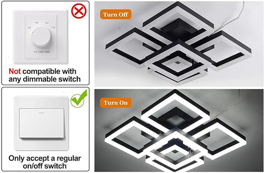 Garwarm Modern LED Ceiling Light, Black Flush Mount Light Fixtures,64W Ceiling Lamp for Living Room Bedroom Dining Room, 5 Square Metal Acrylic Surface Mount Chandelier Cool White 6000K