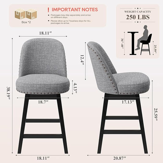 MALOL Swivel Bar Stools Set of 3, Upholstered Fabric Mid Century Mondern Barstools, 26 inch Counter Height Bar Chairs with Solid Back and Wood Legs, for Kitchen Island,Dark Grey
