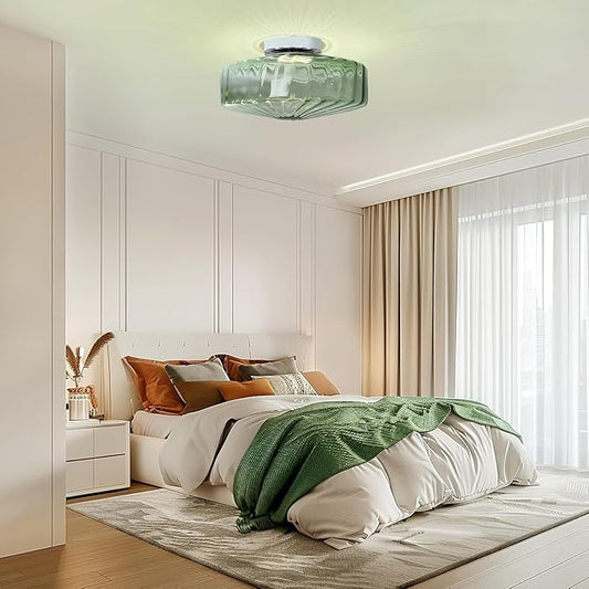 Bofea-Modern Green Ceiling Light Fixture Vintage Glass Flush Mount Ceiling Light Farmhouse Semi Flush Mount Lights Fixtures with Drum Glass Shade,Green Flush Lamp for Hallway Bedroom Foyer Bathroom