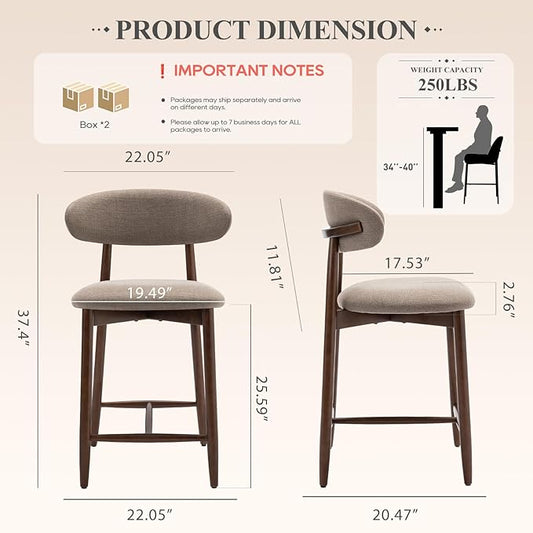 Upholstered Counter Height Bar Stools Set of 4, Kitchen Island Stools with Back, Modern Counter Stools Island Bar Chairs with Wood Legs for Kitchen Island Dining Room Bar, Camel