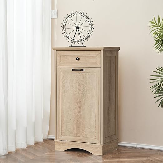 13 Gallons Tilt Out Trash Cabinet Freestanding Kitchen Trash Bin Cabinet Wood Garbage Recycling Cabinet with Hideaway Drawer Pet Proof Trash Can Holder for Kitchen Living Room, Natural