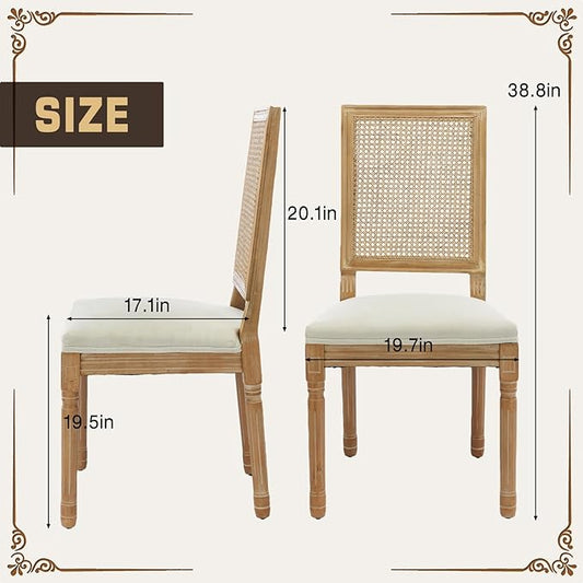 SoarFlash French Dining Chairs Set of 2, Vintage Dining Chairs with Rattan Backrest, Wooden Framehouse Chairs for Living Room, Kitchen, Restaurant, Beige