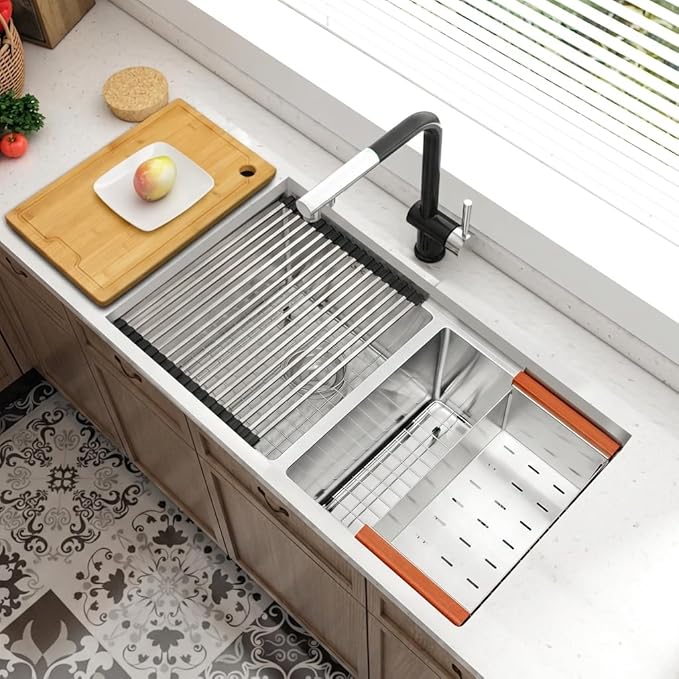 LQS Kitchen Sink Stainless Steel, Undermount Kitchen Sink 32 Inch, 50/50 Double Bowl True 16 Gauge Stainless Steel Handmade with Abundant Accessories, R10 Round Corner and 10” Depth for Large Kitchen