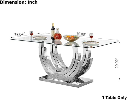 Luxury Silver Glass Dining Table for 6-8 Modern 70" Rectangular Kitchen & Dining Room Table with Stainless Steel Base Large Clear Glass Top Dining Table for Home Office