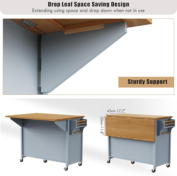 Kitchen Island with Drop Leaf, Embossed Texture Kitchen Island on Wheels with Spice Rack,Towel Rack, 2 Doors and 5 Drawers, Kitchen Storage Cart with Adjustable Shelf for Kitchen (Blue+Grey@093)