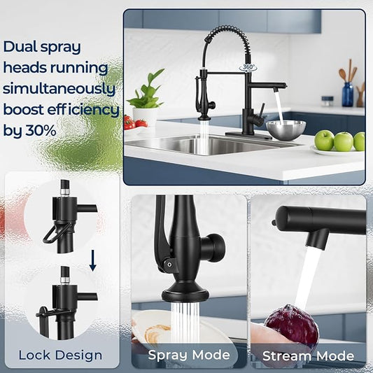 Kitchen Faucets with Pull Down Sprayer Single Handle,Commercial Style Double-Headed Faucet 1/3 Hole with Deck Plate,Matte Black