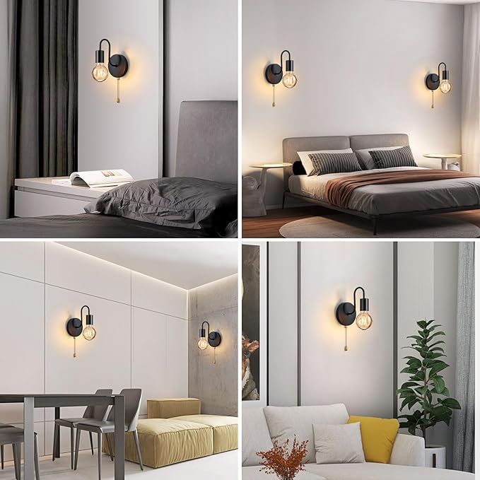 Black Pull Chain Wall Sconce with Switch Vintage Wall Lights E26 Industrial Wall Lamp Retro Wall Lighting Hard Wired Sconces Lighting for Mirror Bedroom Hallway