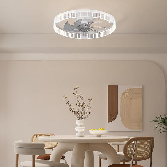 Garwarm Ceiling Fans with Lights,19.7" Ultra Low Profile Ceiling Fan with Light and Remote, Dimmable 3000K–6000K LED Fandelier Flush Mount, DC Motor, for Bedroom, Kitchen, Office