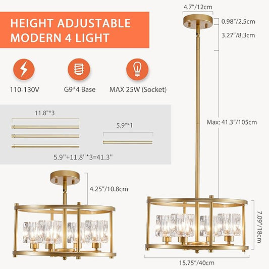 Modern Gold Chandeliers for Dining Room Over Table, Farmhouse Pendant Lighting Fixtures Drum Chandelier 4-Light Round Ceiling Lights