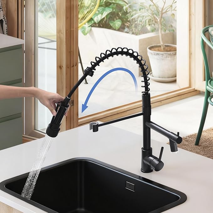 AIMADI Kitchen Faucet,Black Kitchen Faucet,Commercial Faucet with Sprayer Single Handle Single Hole Spring Kitchen Sink Faucet,Matte Black