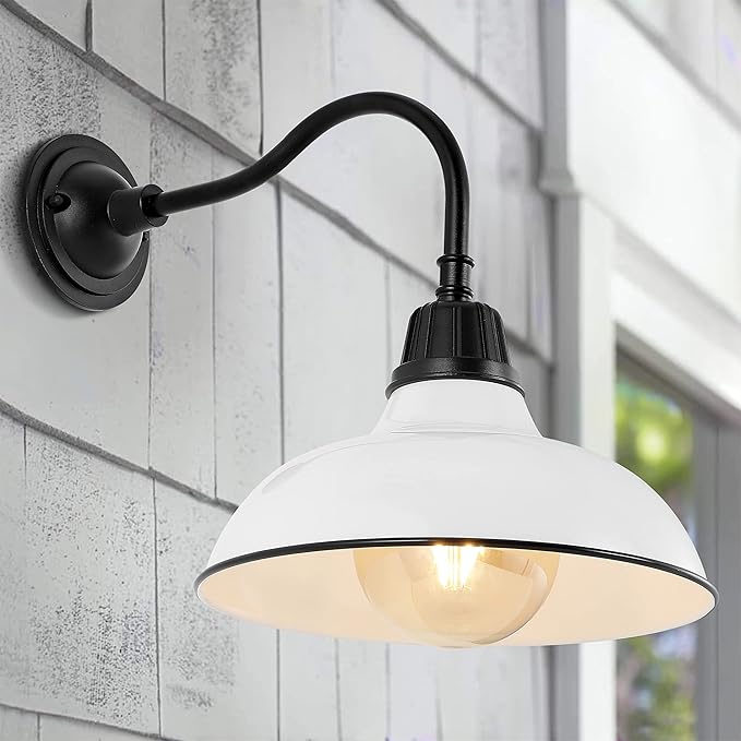 JONATHAN Y 12.25" White/Black Farmhouse Industrial Outdoor Sconce, LED Gooseneck Wall Light for Porch, Metal Bowl Shade, Dimmable Vintage Exterior Fixture, LED Bulb Included JYL7613A