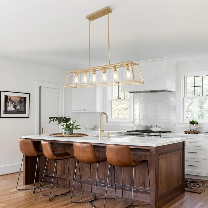 6-Light Gold Chandeliers for Dining Room | Modern Kitchen Island Light Fixture | Rectangle Chandelier for with Clear Glass Shade | Apply to Dining Room Light fixtures Over Table