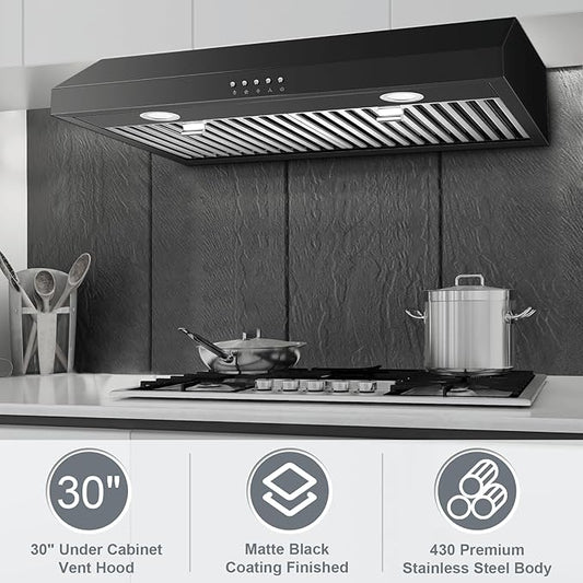 SNDOAS Under Cabinet Range Hood 30 inch,Black Range Hood with 430 Spray-Painted Stainless Steel,3-speed Fan & 700 CFM Kitchen Hood,Ducted/Ductless Range Hoods with 3-Venting,Baffle Filters