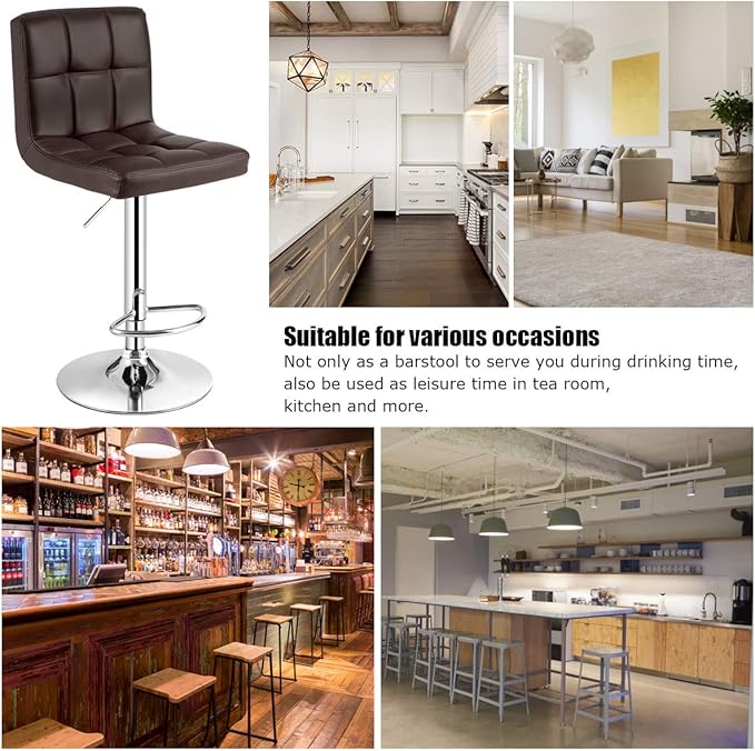 COSTWAY Adjustable Bar Stools Set of 2, Modern Swivel PU Leather Bar Chair with Backrest, Soft Cushioned Seat, Footrest, Sturdy Metal Frame, Comfortable Barstools for Kitchen Island, Pub, Brown