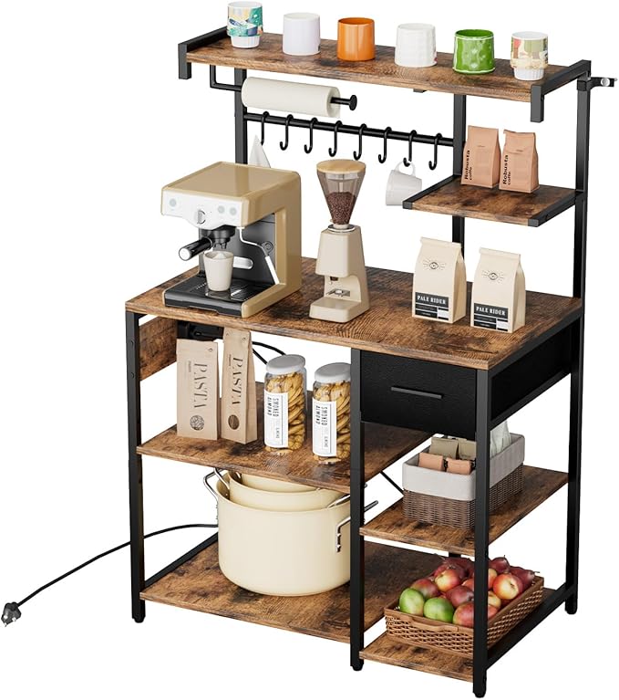 VEVOR Kitchen Bakers Rack with Power Outlets, 31.5 x 15.7 x 55.1 Inch Microwave Stand with Built-in Power Strip & 4.6 Ft Cord, 8 S-Shaped Hooks, for Dish Storage, Spice Jars, Coffee Bar Organization