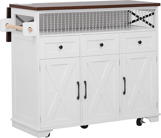 Bellemave 46.5" Farmhouse Kitchen Island cart with Charging Station and with Drape of Beads, Rolling Kitchen Island Table with Drop-Leaf, 3 Drawers, White