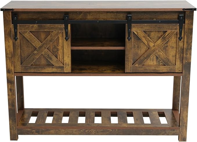 Entryway Table with Storage, Farmhouse Buffet Cabinet Coffee Bar Kitchen Island with Sliding Barn Doors & Shelves, Console Table for Kitchen, Dining Room, Living Room, Brown