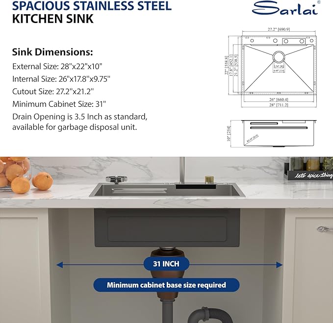 Sarlai 28 Inch Waterfall Kitchen Sink Drop In - 28x22 Waterfall Drop Workstation Stainless Steel 16 Gauge Multifunction Single Bowl Smart Top Mount Kitchen Sink with Faucet Combo
