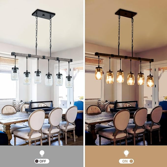 Farmhouse Kitchen Island Lighting, Mason Jar Chandelier, 6-Light Linear Rustic Chandelier, 30" Black Retro Imitative Wood Finish Pendant Light with Clear Glass Globes,Dining Room Bar Pool Table