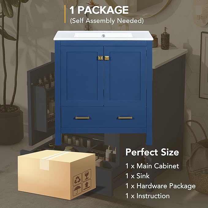 GDFStudio 30" Bathroom Vanity Sink Combo with 1 Drawers & 2 Soft Closing Doors Floor Mount Freestanding Wood Bathroom Storage Cabinet Set with Ceramic Basin Sink Top for Small Bathroom Space, Blue