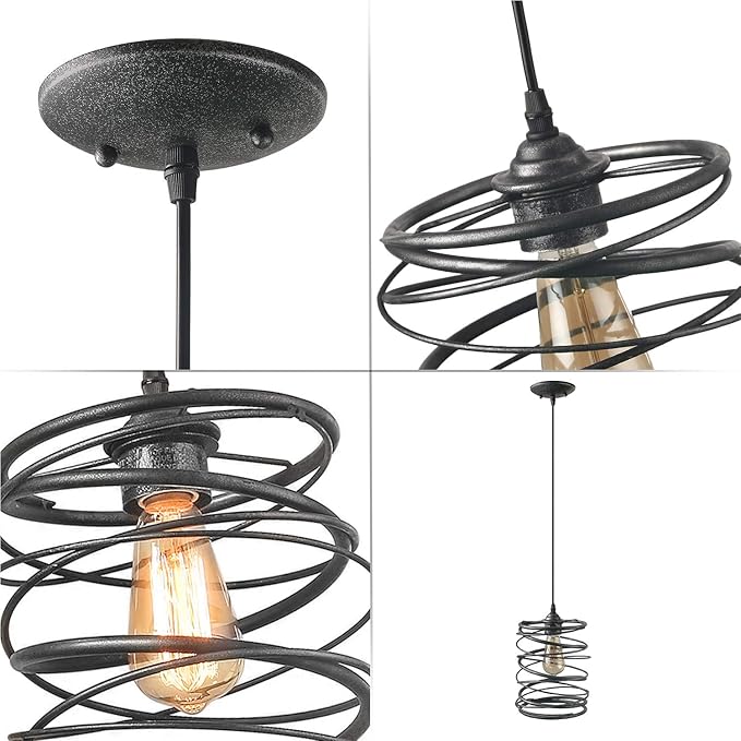 LNC Pendant Lighting for for Kitchen Island,Rustic Farmhouse Brown Rust Cage Hanging Lamp, Antique Silver Black, A03292