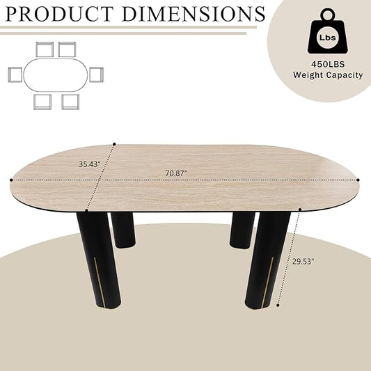 71'' Modern Dining Table for 4-6, Luxury Oval Sintered Stone Kitchen Table with Solid Wood Legs, Mid-Century Farmhouse Dining Room Table for Living Room