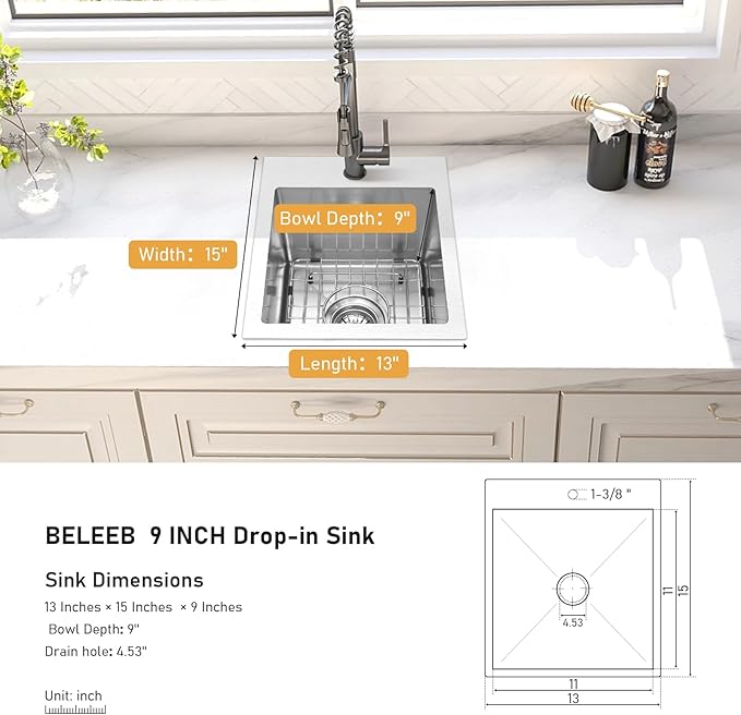 13×15 Inch Drop-In Bar Sink,18-Gauge Stainless Steel Small Kitchen Sink For RV & Bars With Accessories