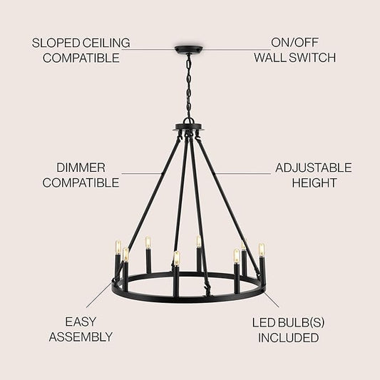 JONATHAN Y 28" Oil Rubbed Bronze 8-Light Wagon Wheel Chandelier, Classic Industrial Iron Ring Pendant for Dining Room, Kitchen, Foyer, Rustic Farmhouse Hanging Light, LED Bulbs Included JYL7496A