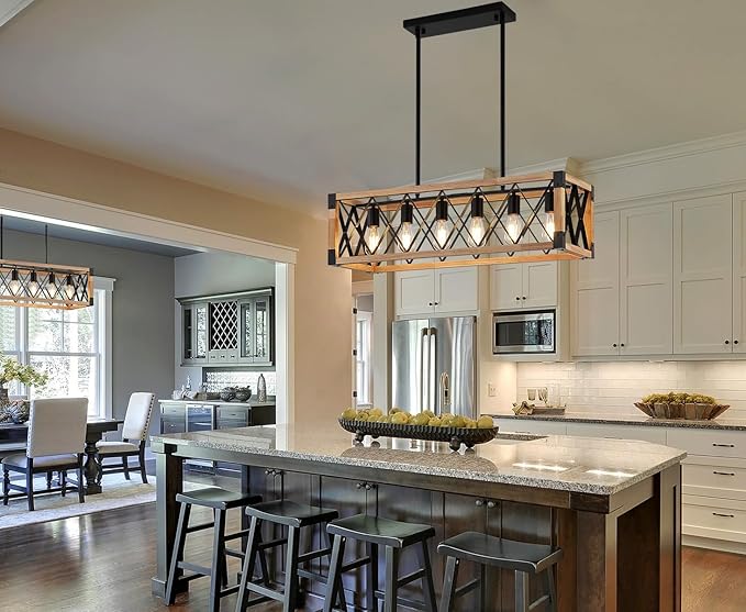 Wood Chandeliers for Dining Room,Black Farmhouse Dining Room Light Fixtures,Rustic Kitchen Light Fixtures for Kitchen Island,Bar, Coffee Shop, Adjustable Hanging Pendant Light 6-Lights