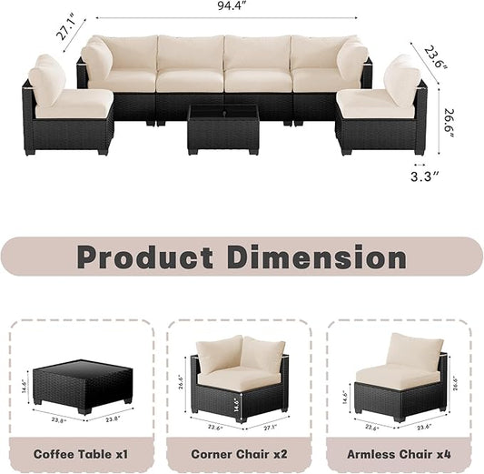 Patio Furniture Set, 7-Piece Outdoor Sectional Couch with Coffee Table & Thick Cushions, Outdoor Wicker Conversation Set for Backyard, Poolside, Garden (Black-White, 7 Piece-Single)