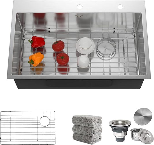 Kitchen Sink 33 x 22 Inch Drop-In Top Mount 16 Gauge Deep R10 Single Bowl 2-Hole Stainless Steel Kitchen Sink and Accessories (Pack of 4)